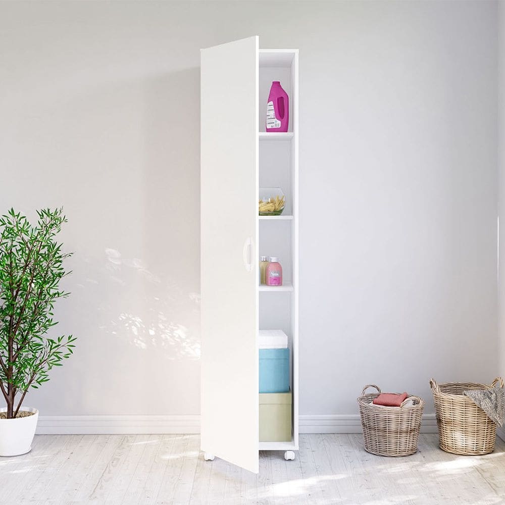 Armário Multiuso 1 Porta 3 Prateleiras com Espaço para Tábua De Passar Branco Politorno Móveis