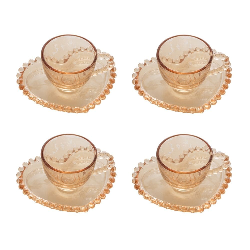 Cj 4 Xícaras P/Café C/Pires de Cristal C/Formato Coração Pearl Bolinha Âmbar 85ml Wolff