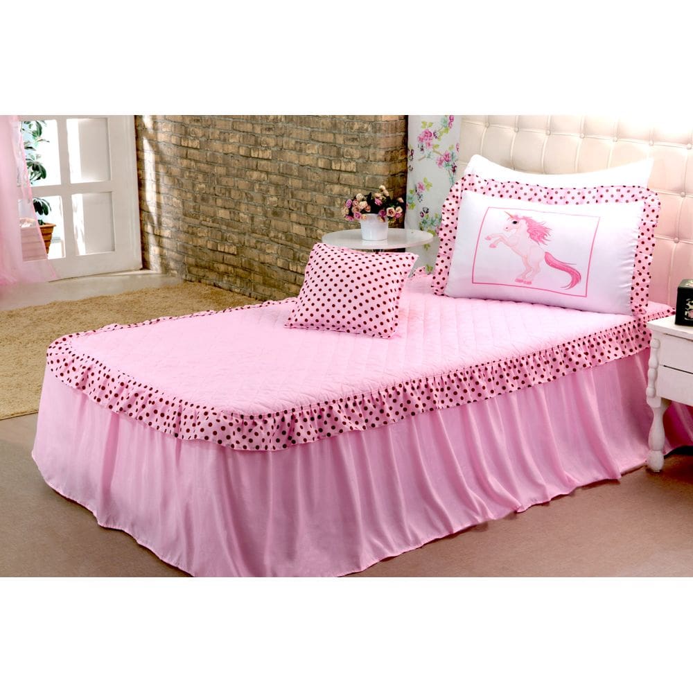 Kit Colcha Cobre Leito 3 Peças Solteiro Infantil Juvenil Unicórnio Babados Rosa Menina