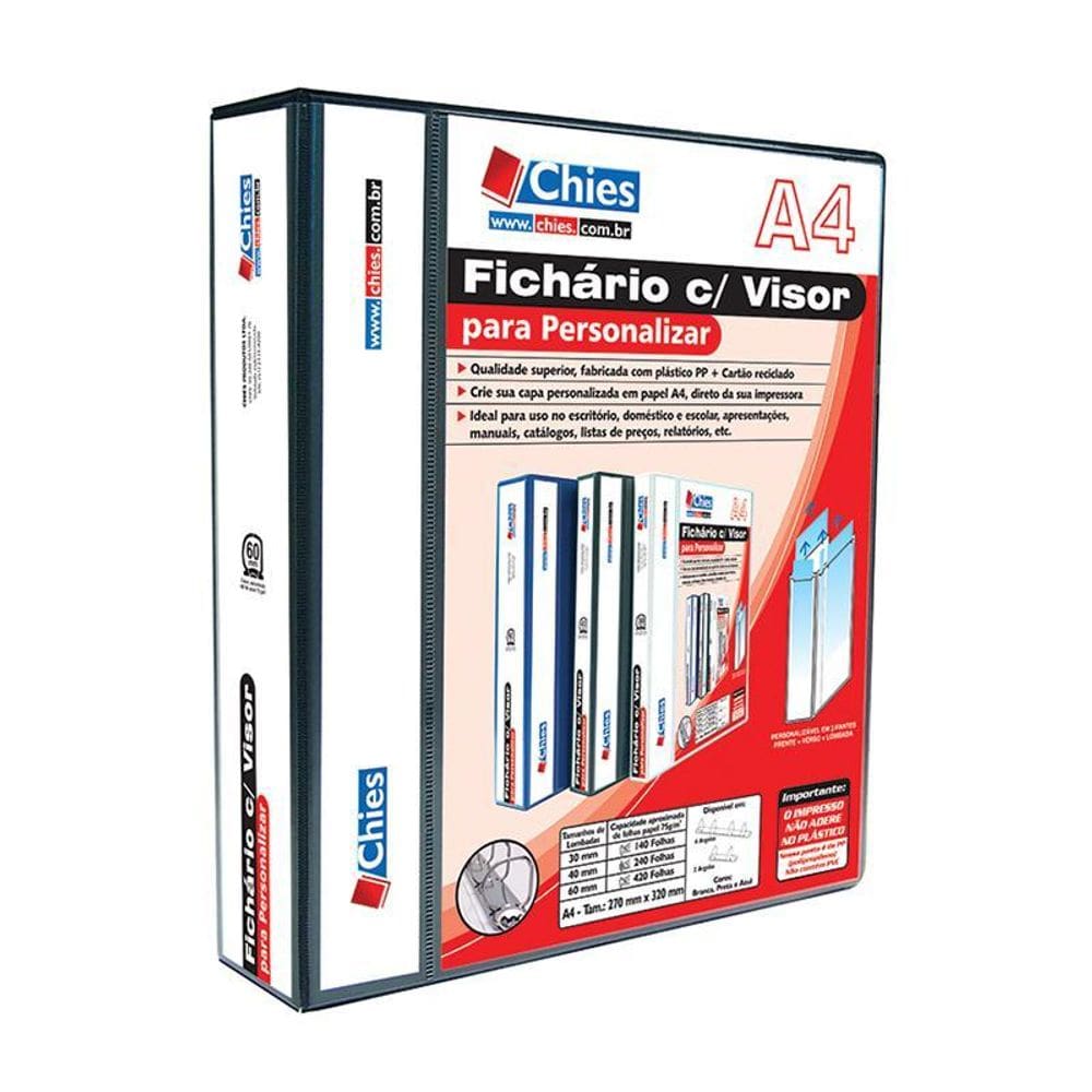 Fichário revestido Cristal A4 preto 60mm c/ 4 argolas Chies