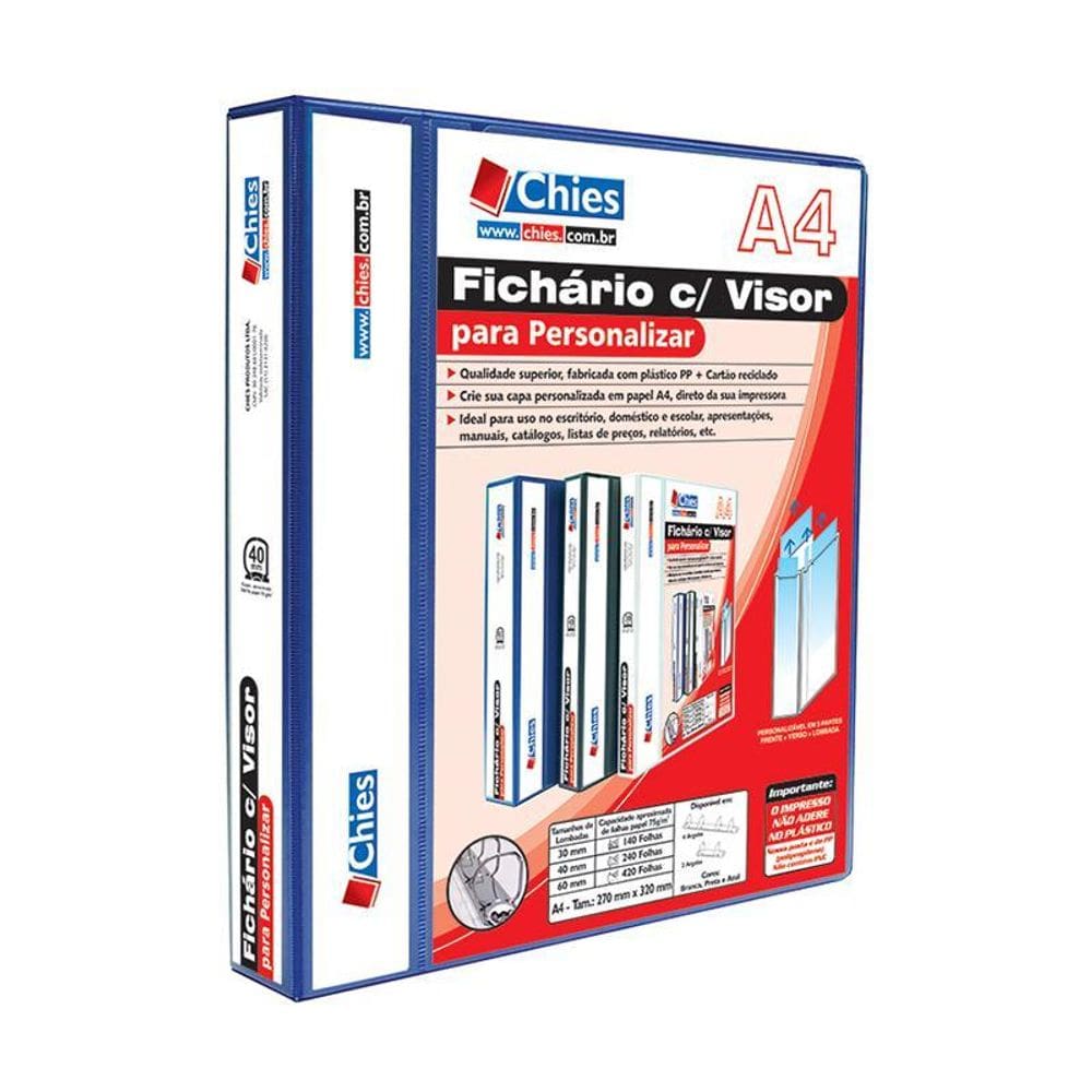 Fichário revestido cristal A4 azul 40mm c/ 4 argolas Chies