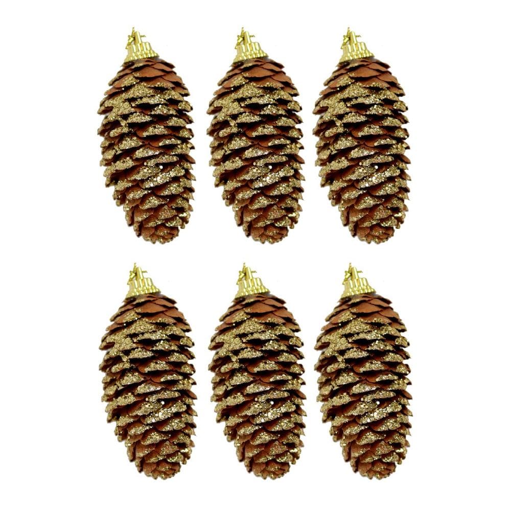 Jogo 6 Pinha Natural Pendente Natalina 8,5cm com Glitter Dourado e Cordão para Pendurar