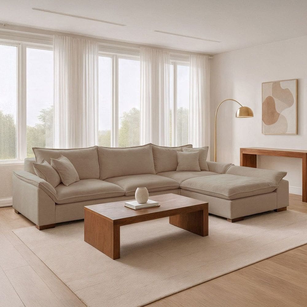 Sofá Modulado com Chaise e Almofadas Soltas M201 Base em Madeira Maciça Bege