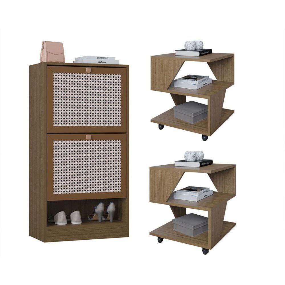 Kit Sapateira 2 Portas E 2 Mesas De Cabeceira-centro Poquema Carvalho