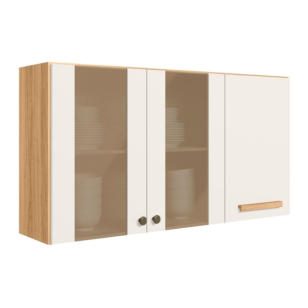 Armário Aereo 2 Portas de Vidro + 1 Porta 120cm Intenza Freijo/Off White - SSX Multicoisas
