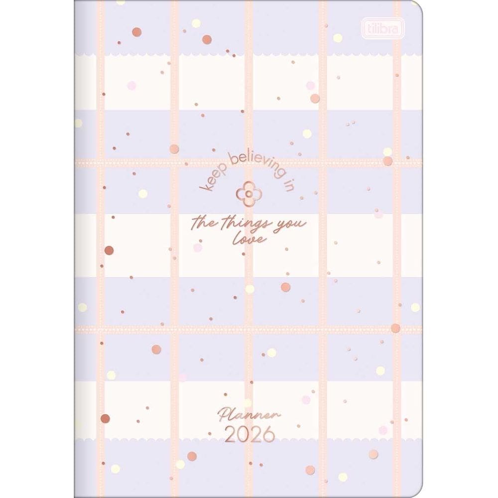 Tilibra - Planner Grampeado 17,8 x 25,4 cm Soho 90 G 2026 - Fundo Quadriculado Lilás - TILIBRA