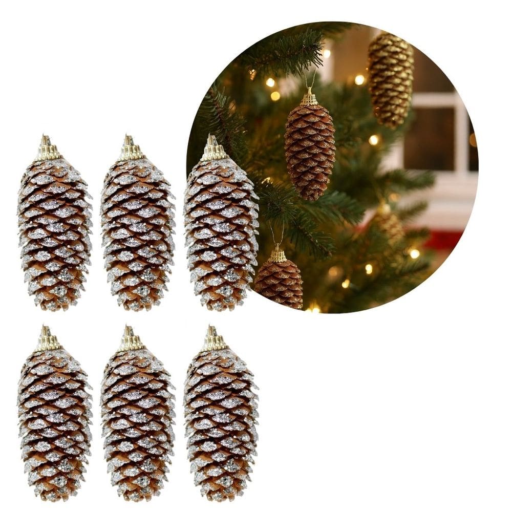 Jogo 6 Pinha Natural Pendente Natalina 8,5cm com Glitter Prata e Cordão para Pendurar