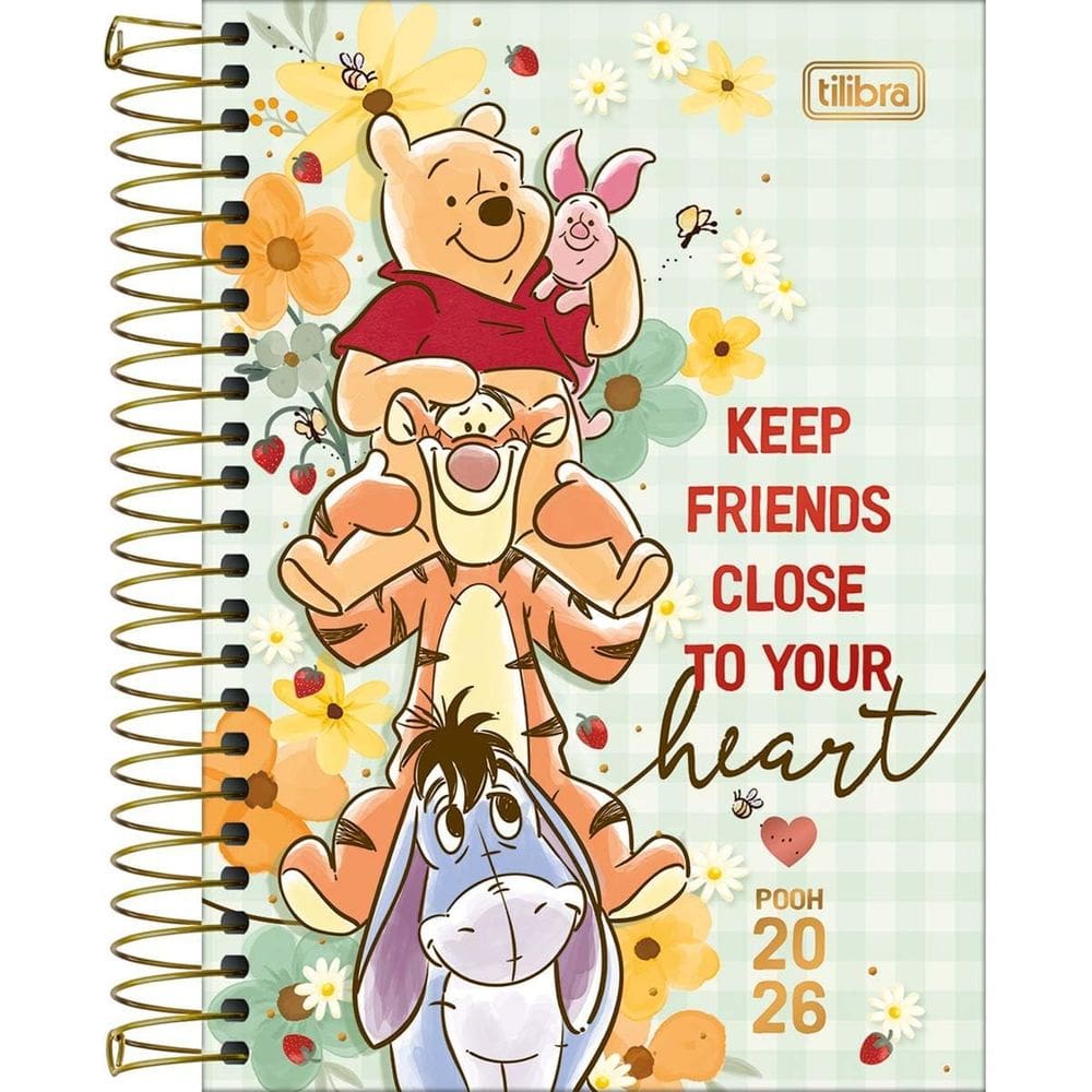 Tilibra - Agenda Espiral Diária 12,9 x 18,7 cm Pooh 2026 - Fundo Verde - Keep Friends - TILIBRA