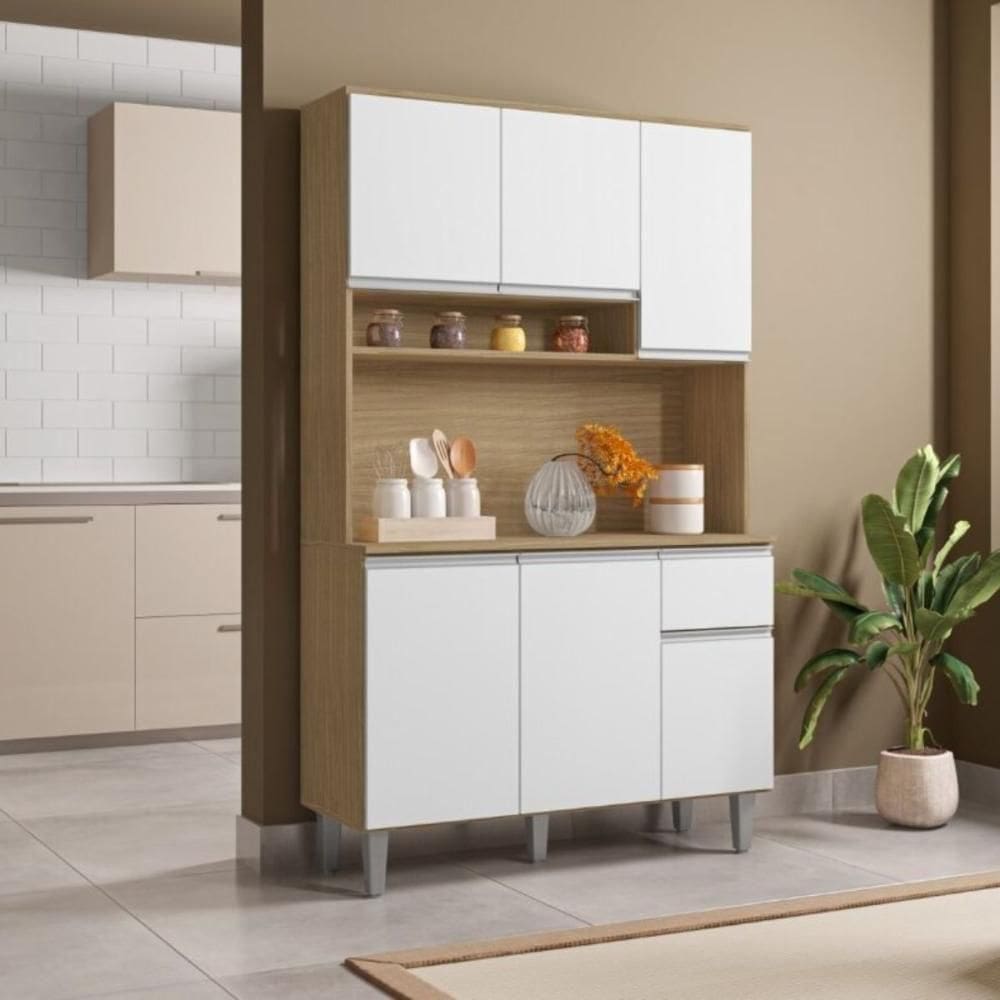 Armário De Cozinha Udine 6 Portas Amendoa Branco