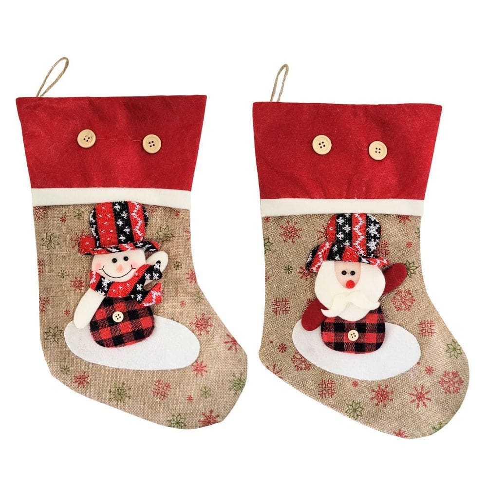 Jogo 2 Botas Decorativa Meia Natalina Papai Noel e Boneco de Neve Tecido Linho Bege e Xadrez 35cm