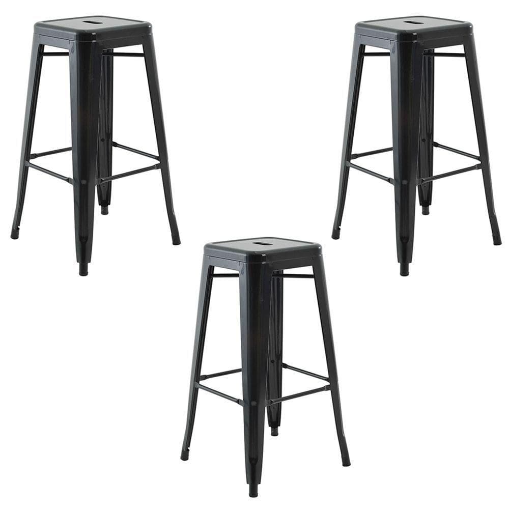 Banqueta De Cozinha Alta Industrial Em Aço Kit3 Iron Preto R02 - DRossi