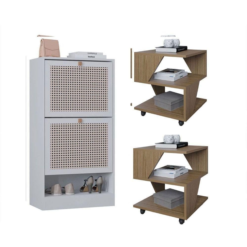 Kit Sapateira 2 Portas E 2 Mesas De Cabeceira-centro Poquema Carvalho-branco