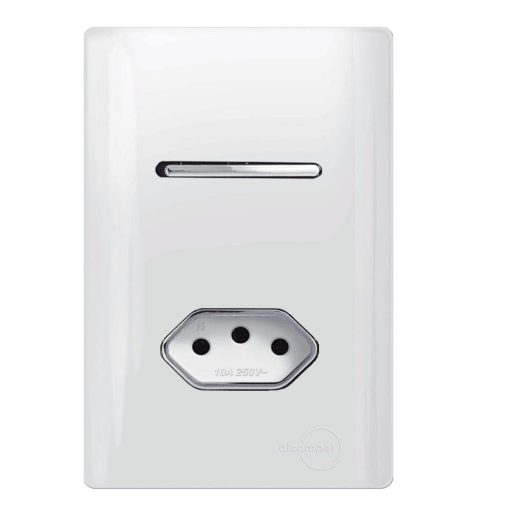 1 Interruptor Simples + Tomada Universal 2P+T 10A Cromado com Placa 4X2 Branco - 120019 - NOVARA