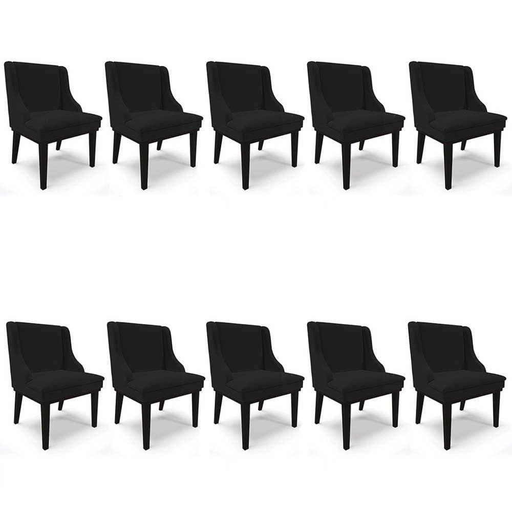 Kit 10 Cadeiras Estofadas Para Sala De Jantar Base Fixa De Madeira Preto Lia Linho Preto - Ibiza
