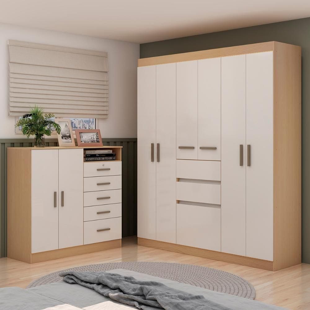 Guarda Roupa Genialflex Berna Com Cômoda Freijó Branco Laca