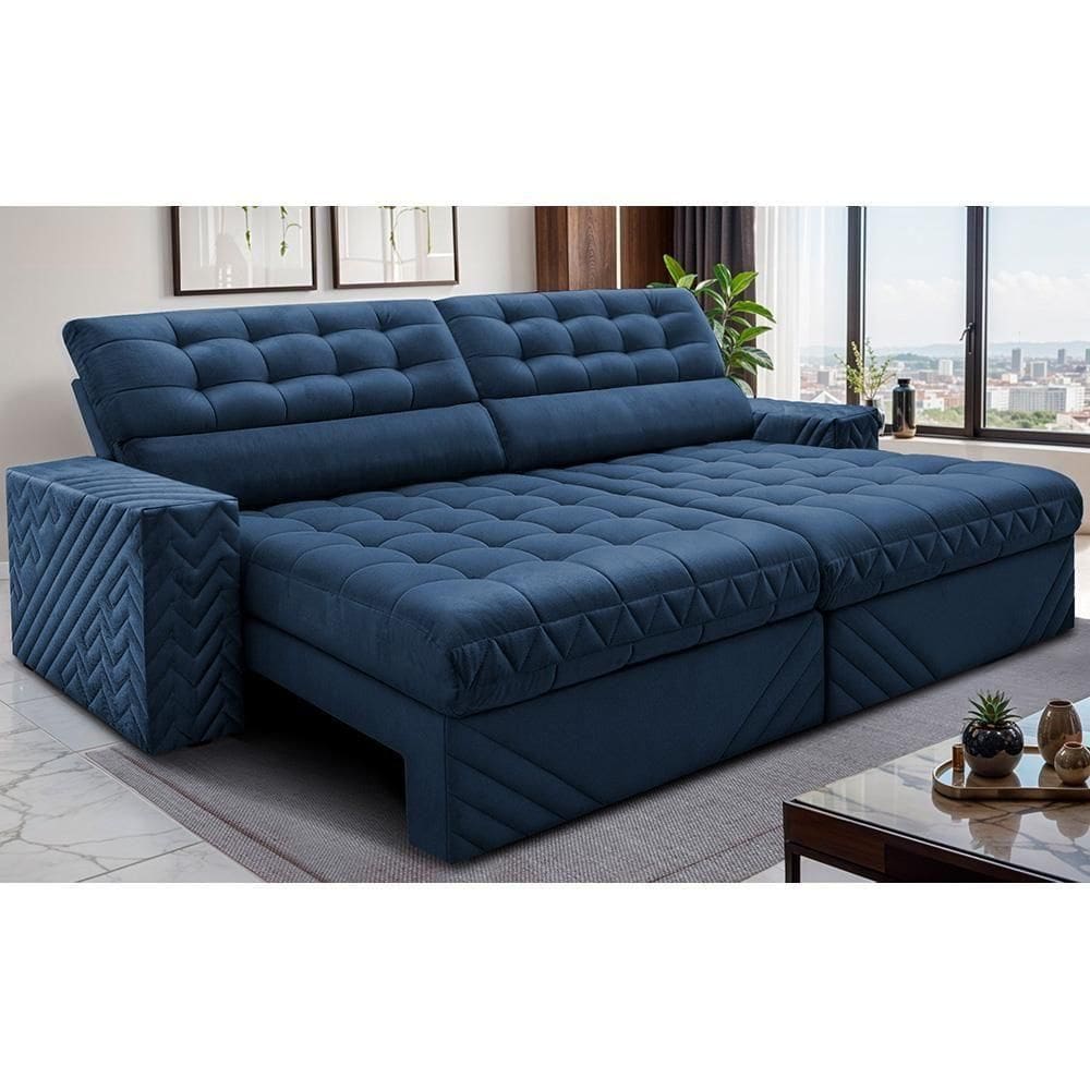 Sofá Retrátil E Reclinável 3,00m Molas Ensacadas Max Spring. Velusoft Cama Inbox Azul