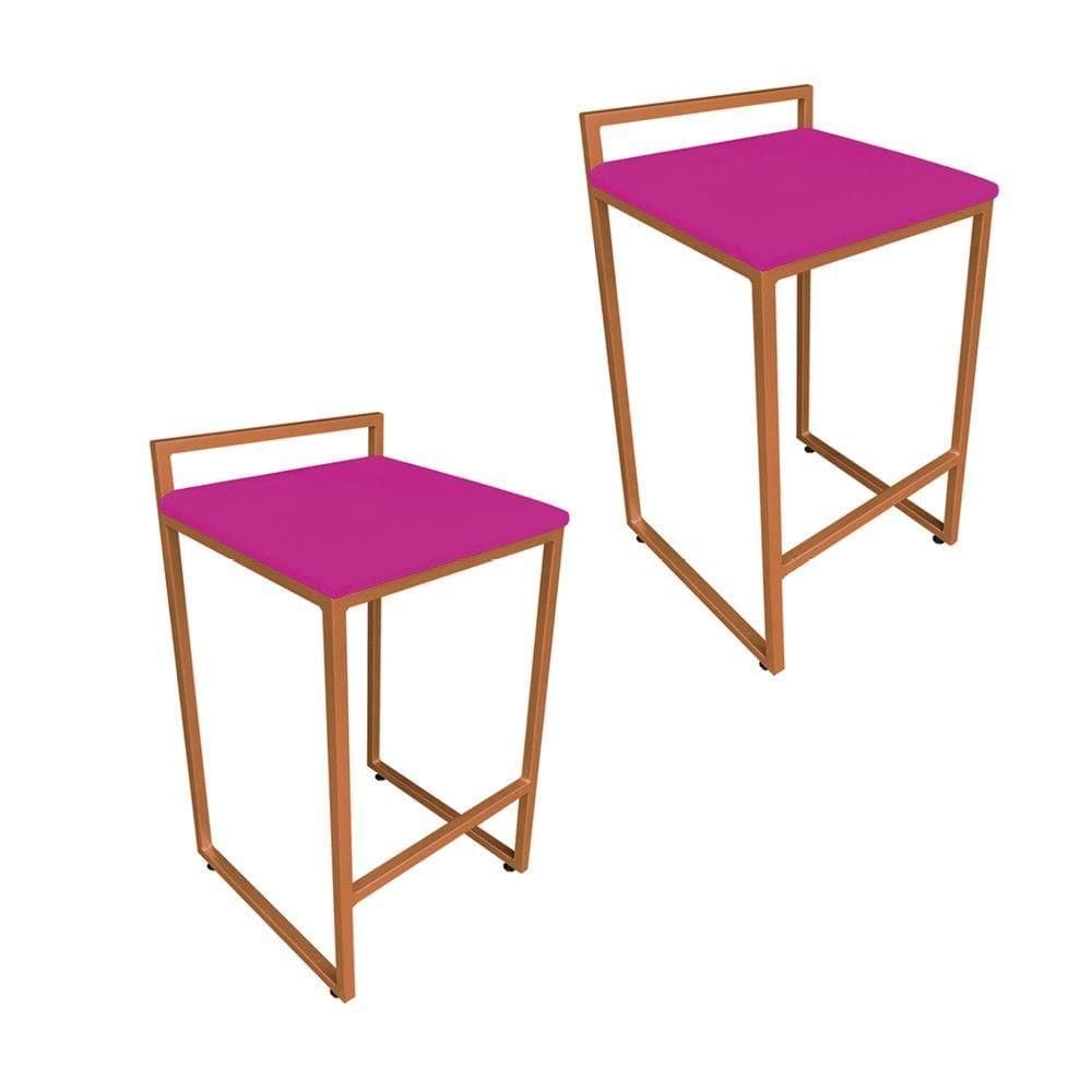 Conjunto 02 Banqueta Alta Industrial Pietra Suede Base Cobre DRossi Pink