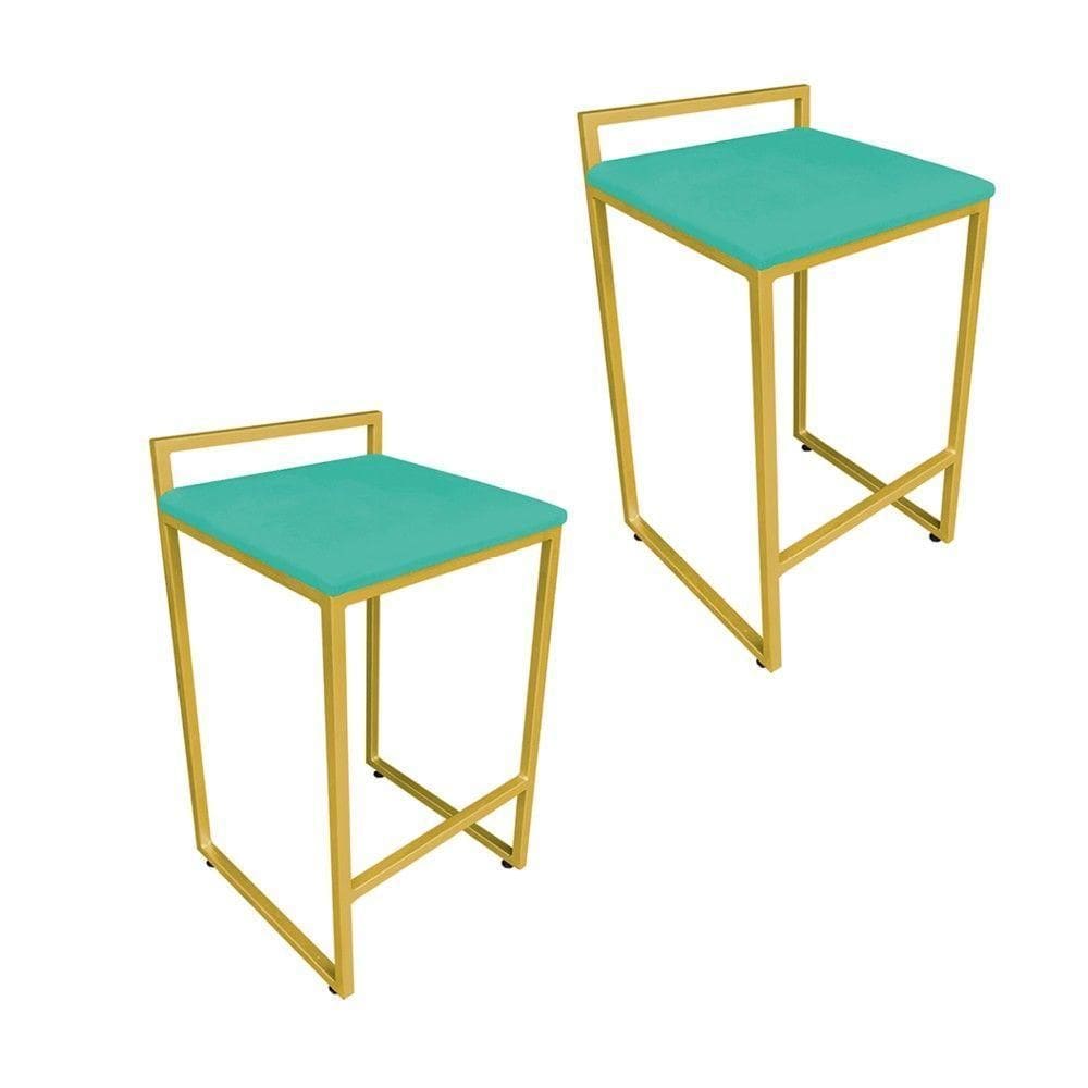 Conjunto 02 Banqueta Alta Industrial Pietra Suede Base Dourado DRossi Verde Turquesa