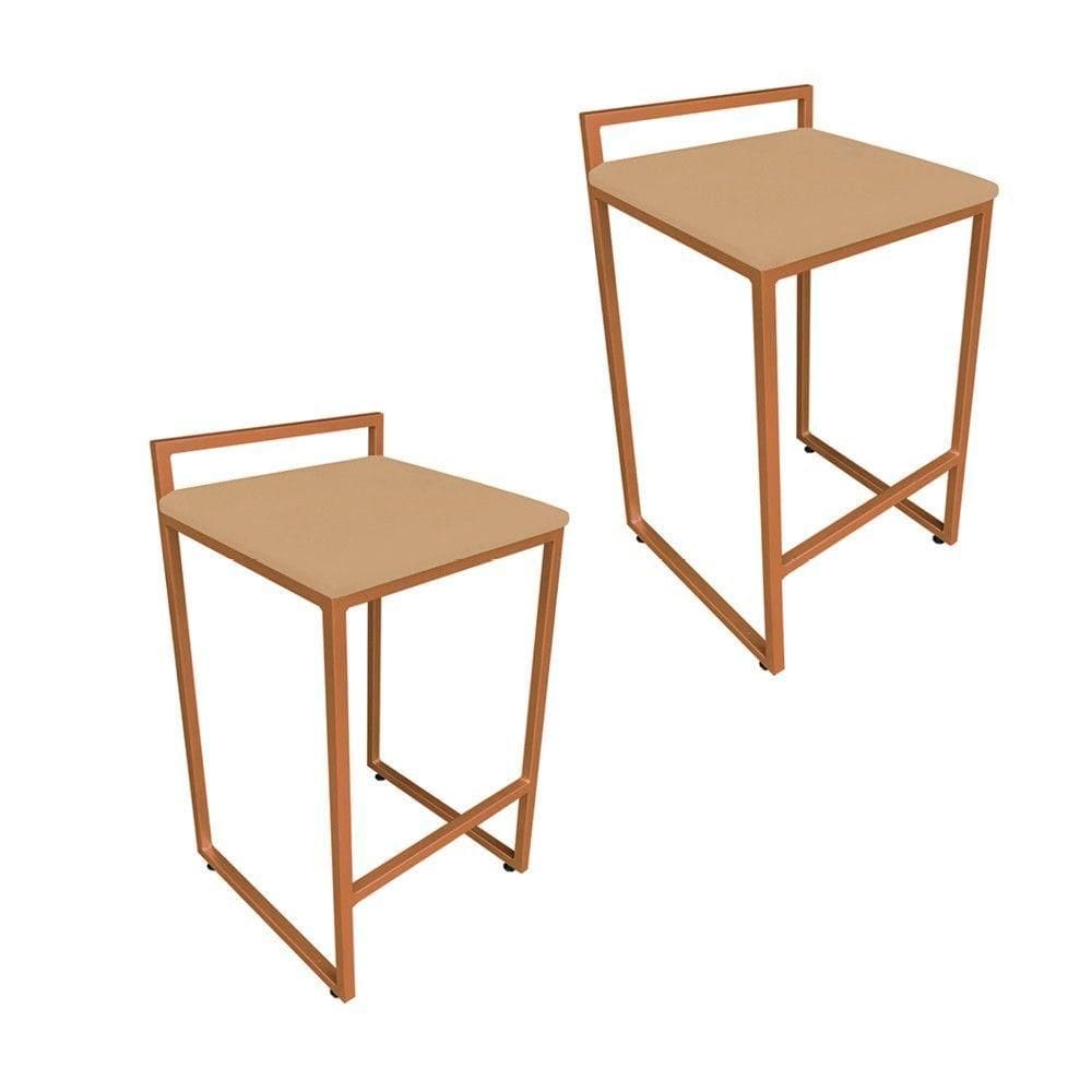 Conjunto 02 Banqueta Alta Industrial Pietra Suede Base Cobre DRossi Caramelo Sisal