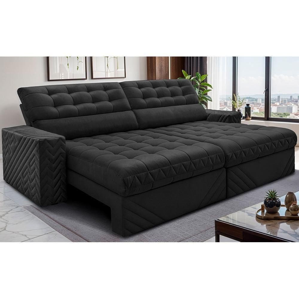 Sofá Retrátil E Reclinável 3,00m Molas Ensacadas Max Spring. Velusoft Cama Inbox Preto