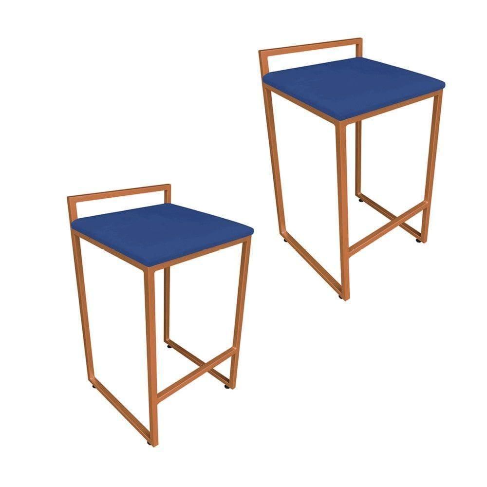 Conjunto 02 Banquetas Alta Lavínia Suede Base Cobre DRossi Azul Royal