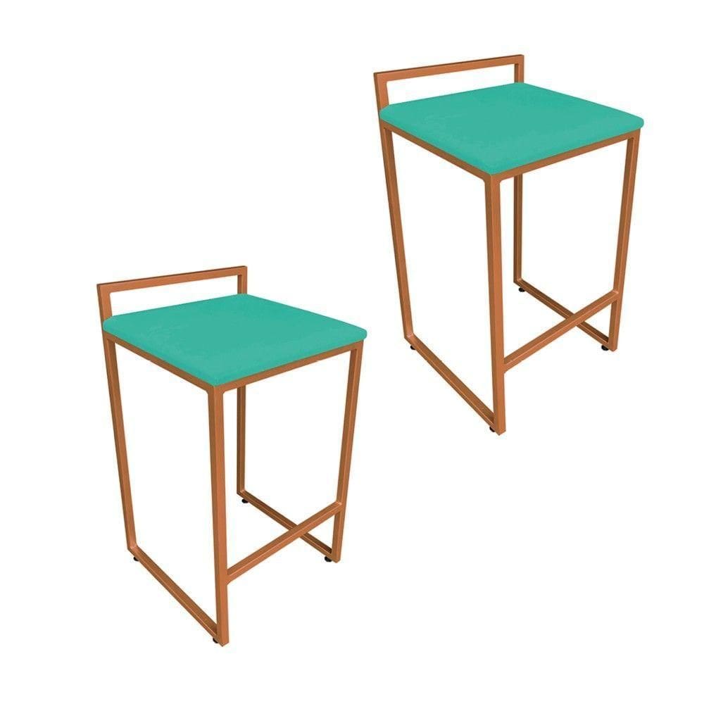 Conjunto 02 Banquetas Alta Lavínia Suede Base Cobre DRossi Verde Turquesa