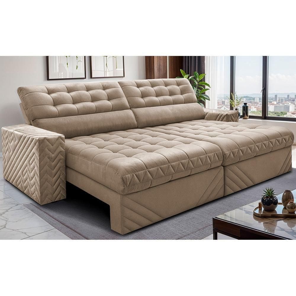 Sofá Retrátil E Reclinável 3,00m Molas Ensacadas Max Spring. Velusoft Cama Inbox Bege