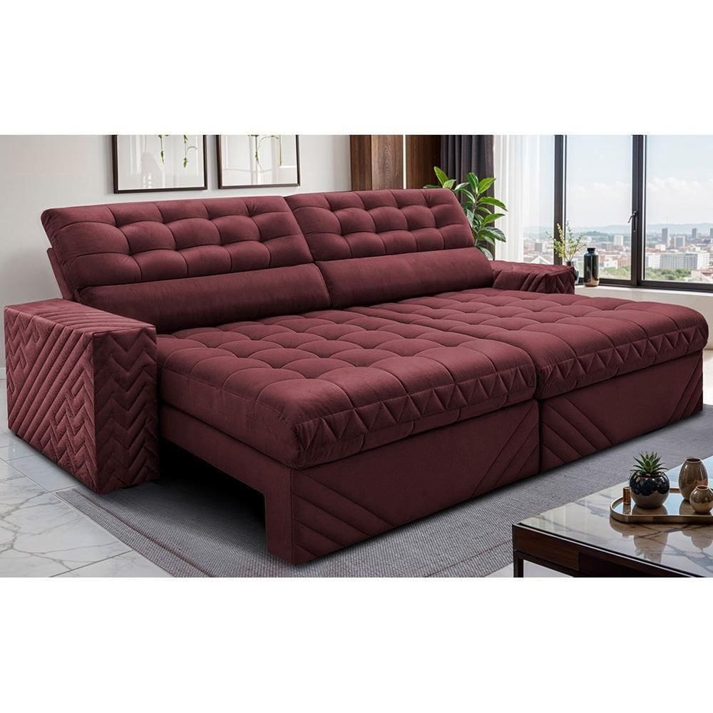 Sofá Retrátil E Reclinável 2,70m Molas Ensacadas Max Spring. Velusoft Cama Inbox Vinho