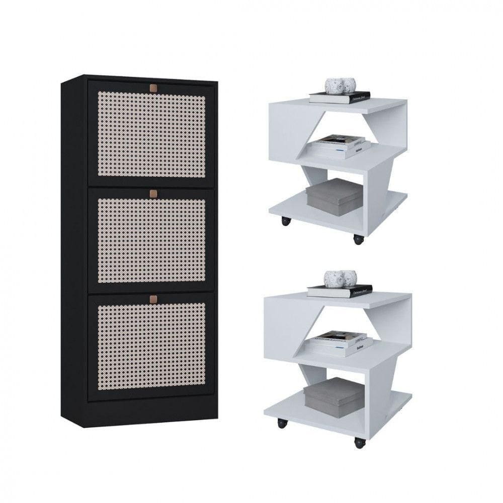 Kit Sapateira Spin Tropical 3 Portas E 2 Mesas De Cabeceira Branco-preto