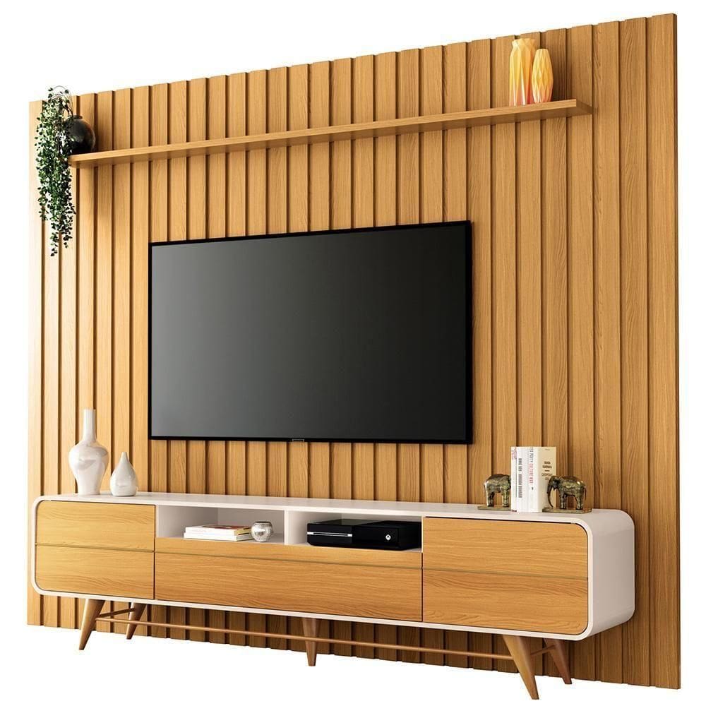 Rack Para Sala Erah Com Painel Para Ripado 86 Pol Wise B01 Off White Cinamomo - Lyam Decor