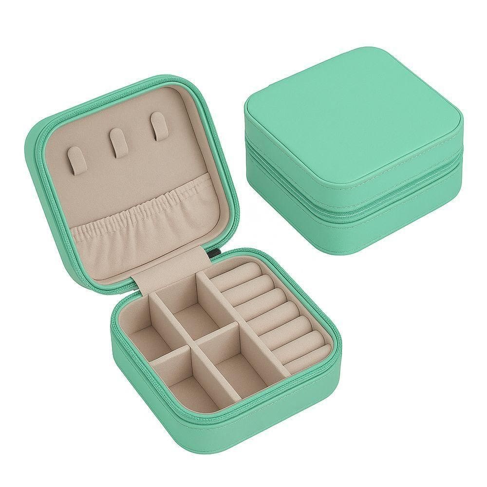 Porta-joias De Viagem Compacto Com Zíper – Couro Sintético, Compartimentos Para Anéis, Colares E Brincos Verde