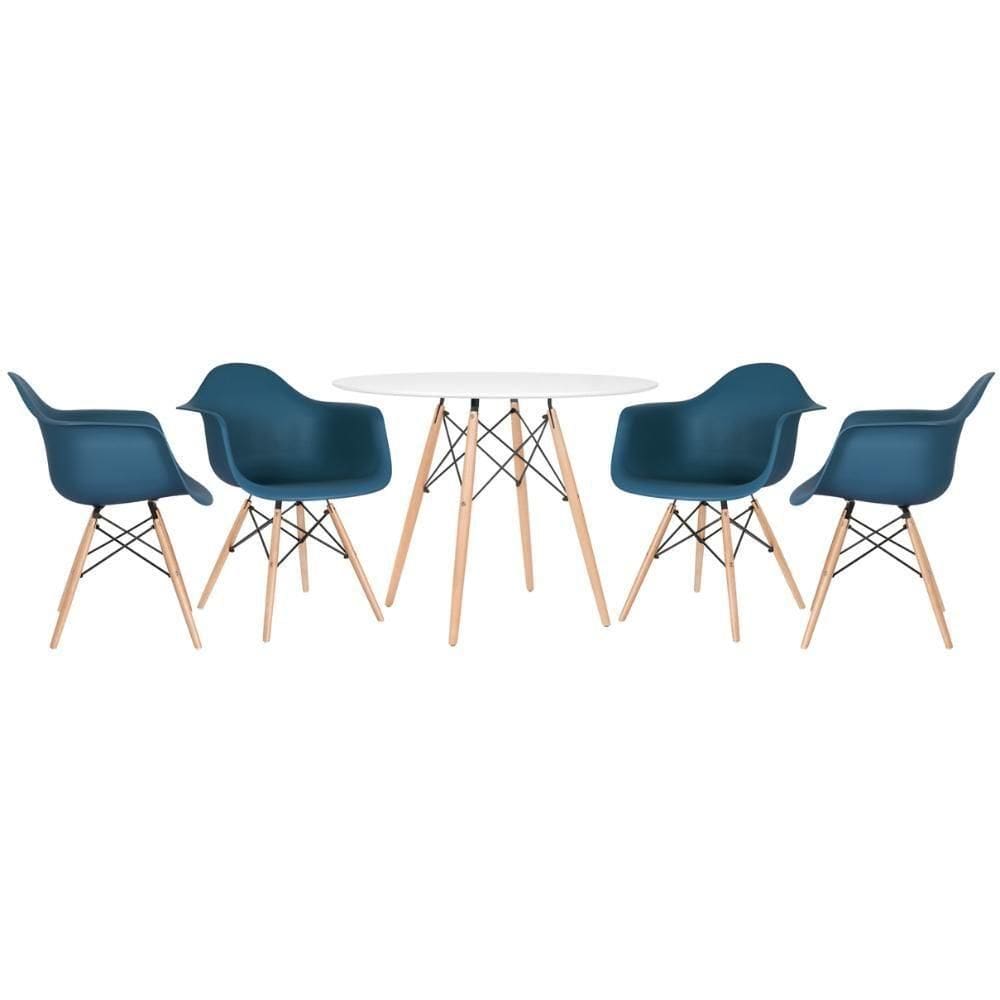 Mesa Redonda Eames 100 Cm Branco + 4 Cadeiras Eiffel Daw Azul Petróleo Azul Petróleo