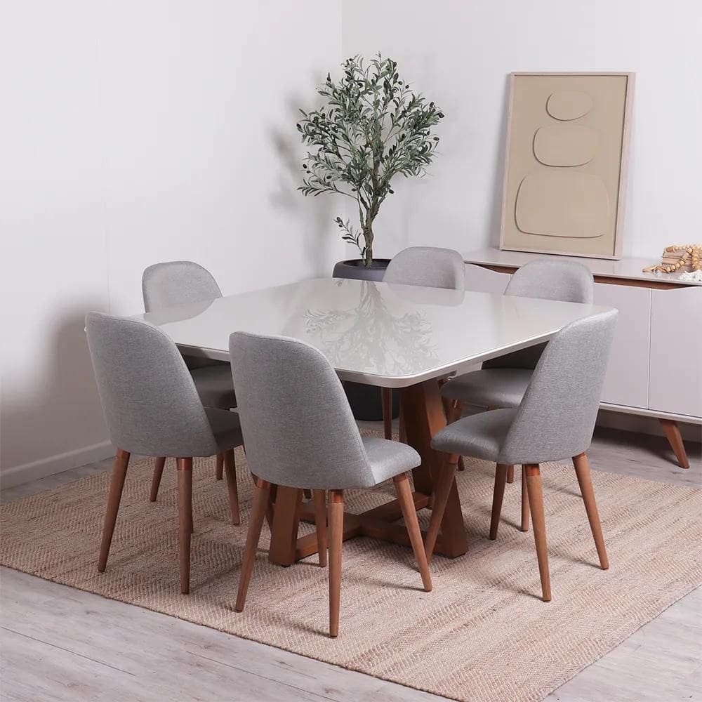Conjunto de Jantar Mesa Quadrada com Vidro Bennett 6 Cadeiras New Drop - Natural c/ Cinza