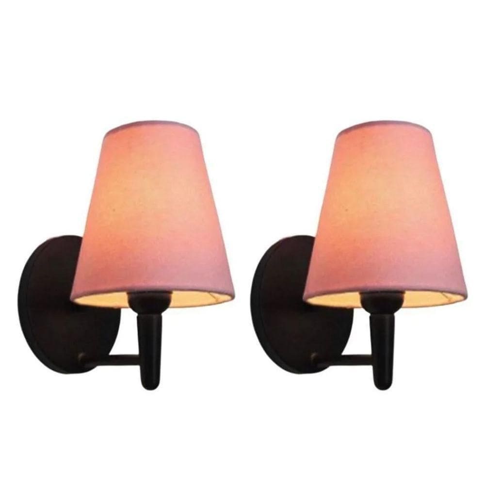 Kit-2 Arandela Cone Md-2004 Base Preto Cúpula Em Tecido 14-14x07cm Rosa Tela - Bivolt