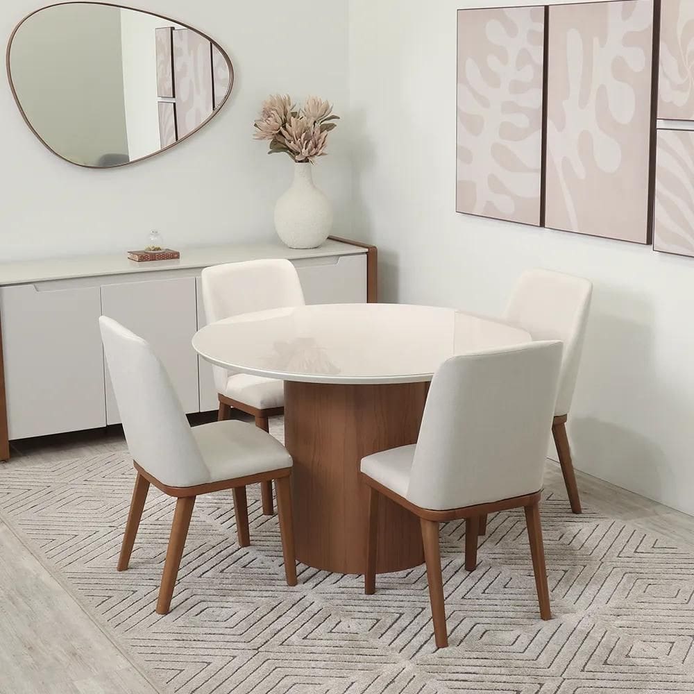 Conjunto de Jantar Mesa Redonda com Vidro 4 Cadeiras Kalina - Canella c/ Off White