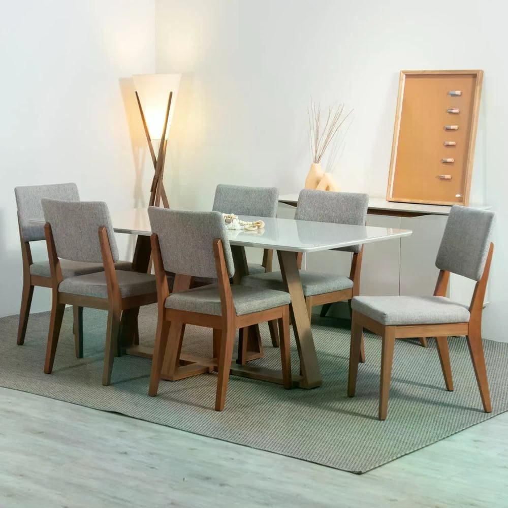 Conjunto de Jantar Mesa com Vidro Avena 6 Cadeiras Ella - Canella c/ Mescla Cinza