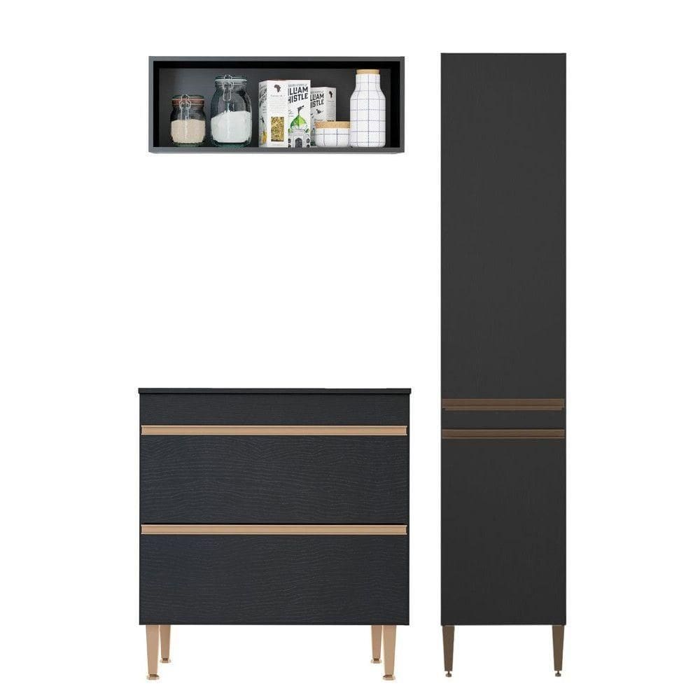 Kit Balcão Cooktop Armário Paneleiro Nicho Aéreo Menu Móveis Preto