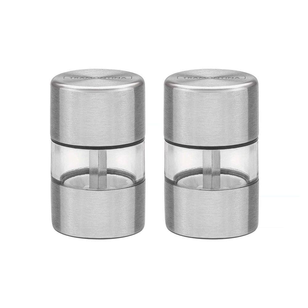 Conjunto De Moedores Para Sal E Pimenta Realce Em Aço Inox E Acrílico Com Moinho Em Cerâm