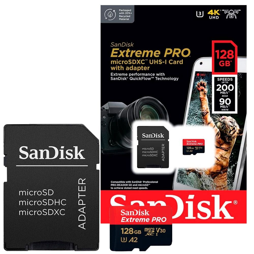 Cartão Micro SD SanDisk Extreme Pro UHS-I 128GB U3 V30 A2 200MB/s com Adaptador SD - 4K UHD e Full HD