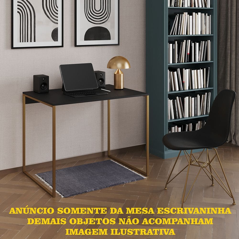 Escrivaninha Industrial Office Preta 90x53 Grécia Base Dourada