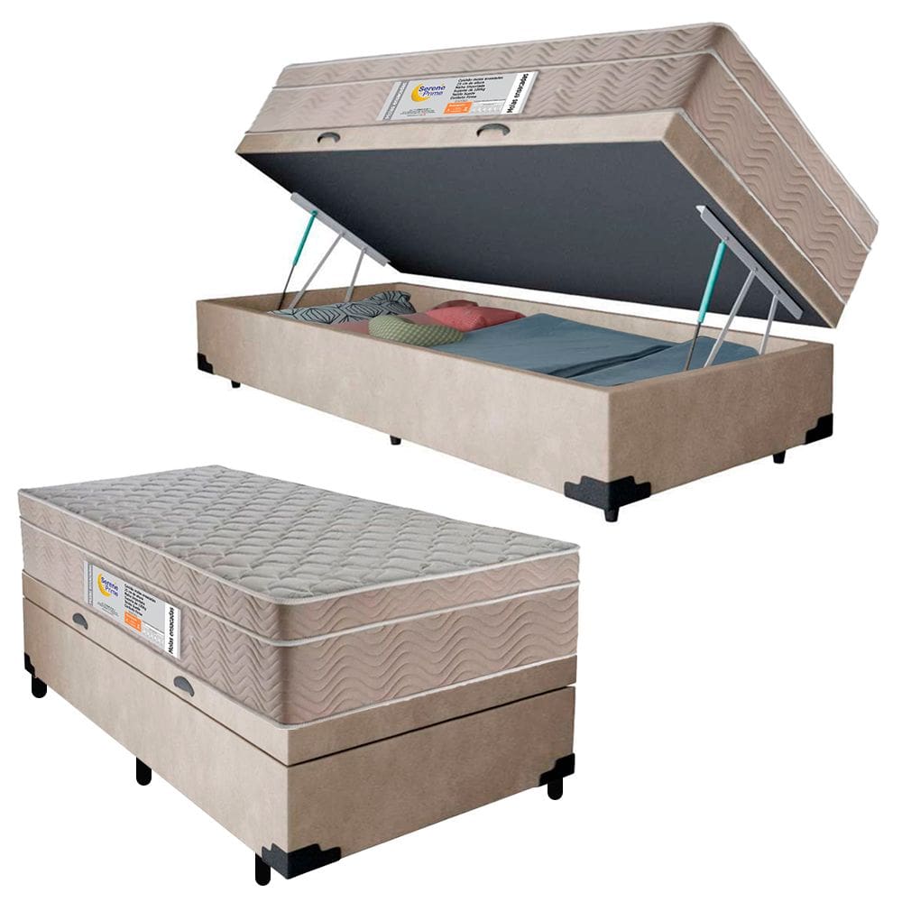 Cama Box Baú Suede Solteiro + Colchão SerenePrime Molas Ensacadas 88x188x69 Bege