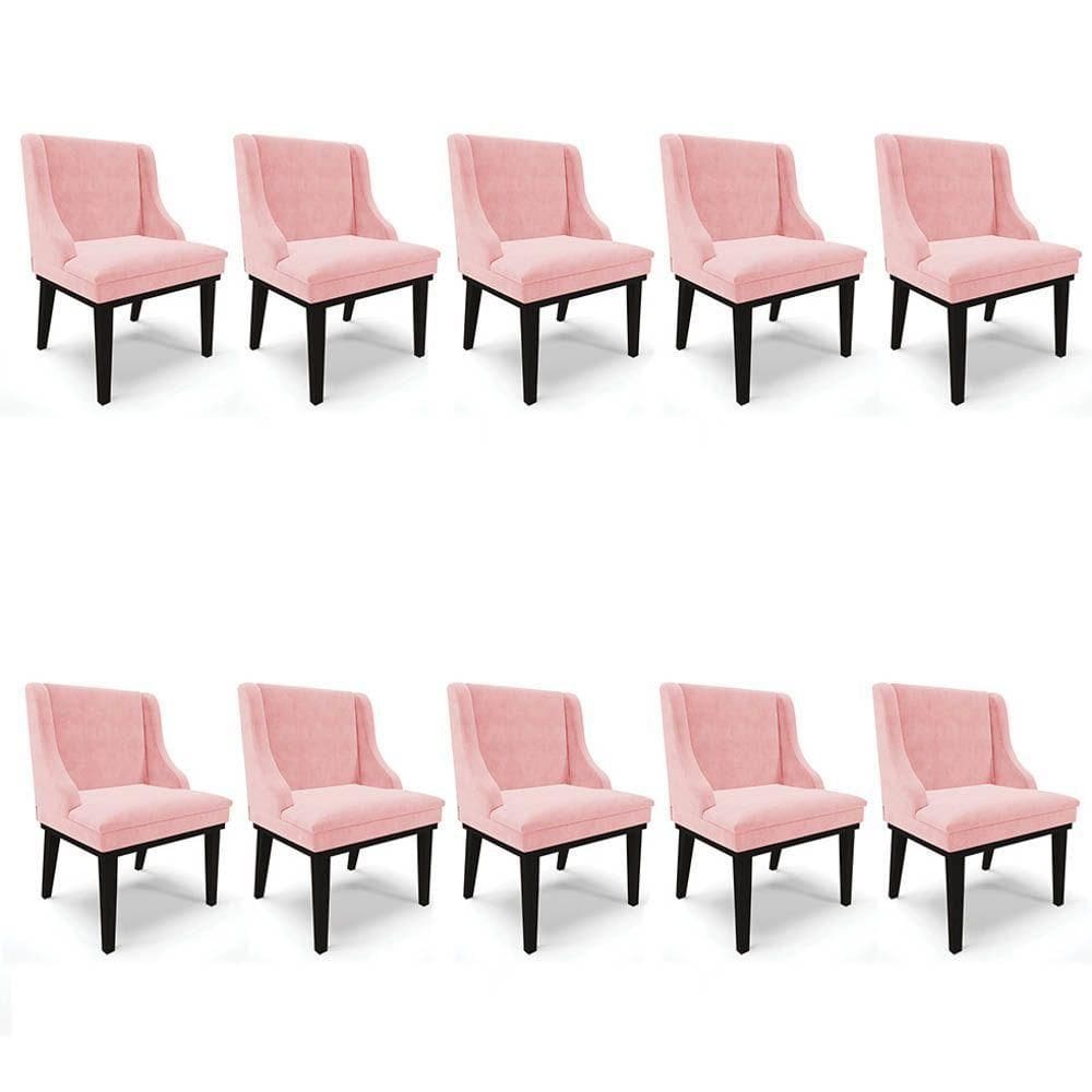 Kit 10 Cadeiras Estofadas Para Sala De Jantar Base Fixa De Madeira Preto Lia Suede Rosa Bebê - Ibiza