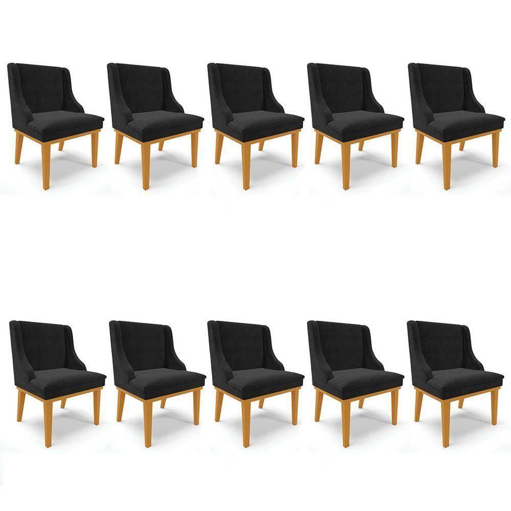 Kit 10 Cadeiras Estofadas Para Sala De Jantar Base Fixa De Madeira Castanho Lia Suede Preto - Ibiza