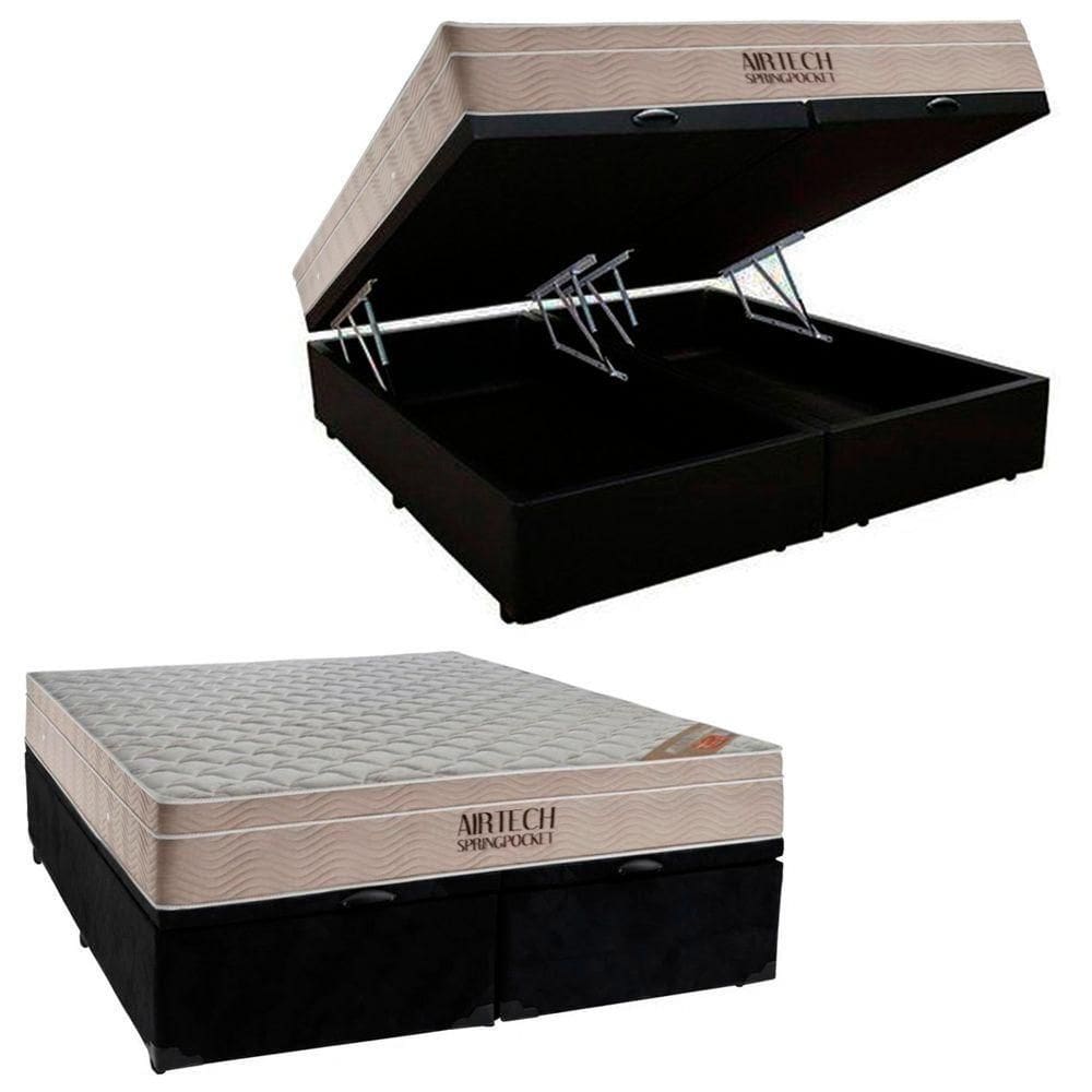 Cama Box Baú King Suede Bipartido + Colchão Ortobom Airtech Molas Ensacadas 65x193x203 Cor:preto