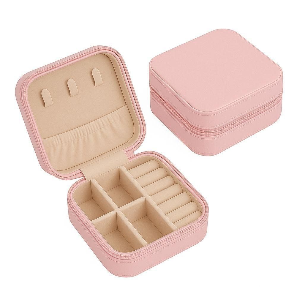 Porta-joias De Viagem Compacto Com Zíper – Couro Sintético, Compartimentos Para Anéis, Colares E Brincos Rosa Claro