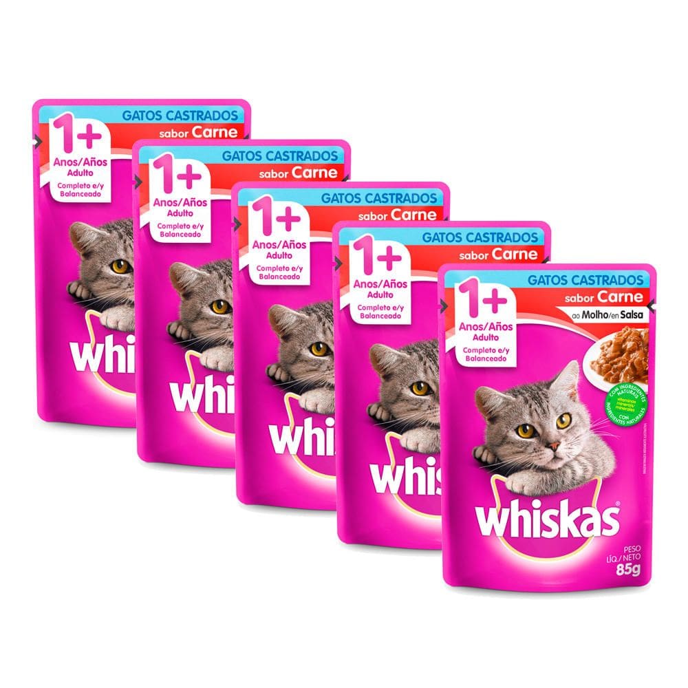 Ração Úmida para Gatos Whiskas Adultos 1+ Anos Castrados Sabor Carne Sachê 85g | Kit com cinco unidades
