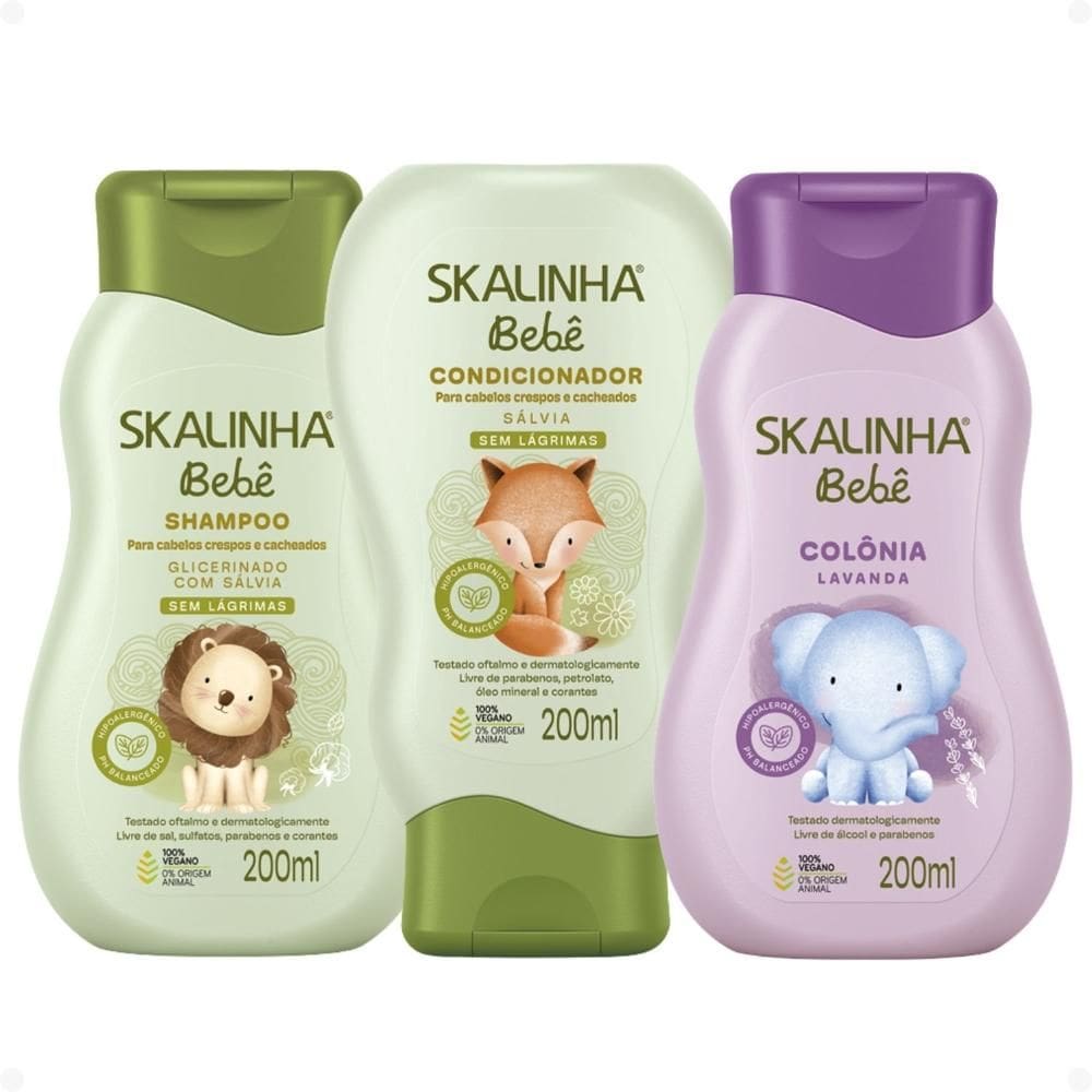 Kit Skalinha Bebê Para Cabelos Crespos e Cacheados: Shampoo e Condicionador 200ml + Colônia Lavanda 200ml