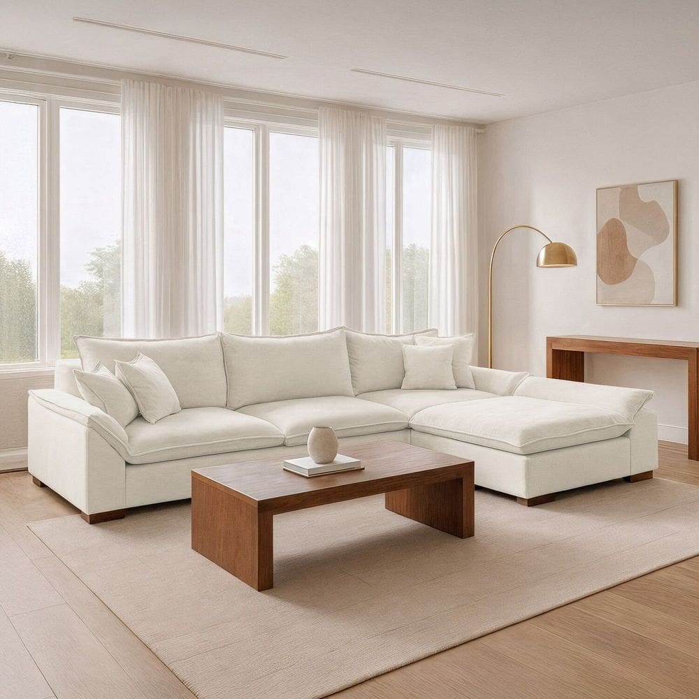 Sofá Modulado com Chaise e Almofadas Soltas M201 Base em Madeira Maciça Branco