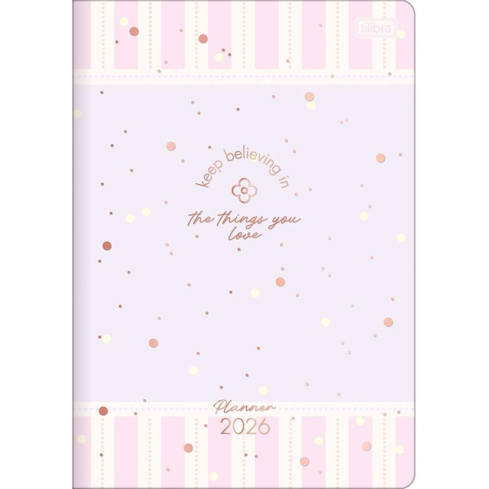 Tilibra - Planner Grampeado 17,8 x 25,4 cm Soho 90 G 2026 - Fundo Lilás com Listras Rosa - TILIBRA