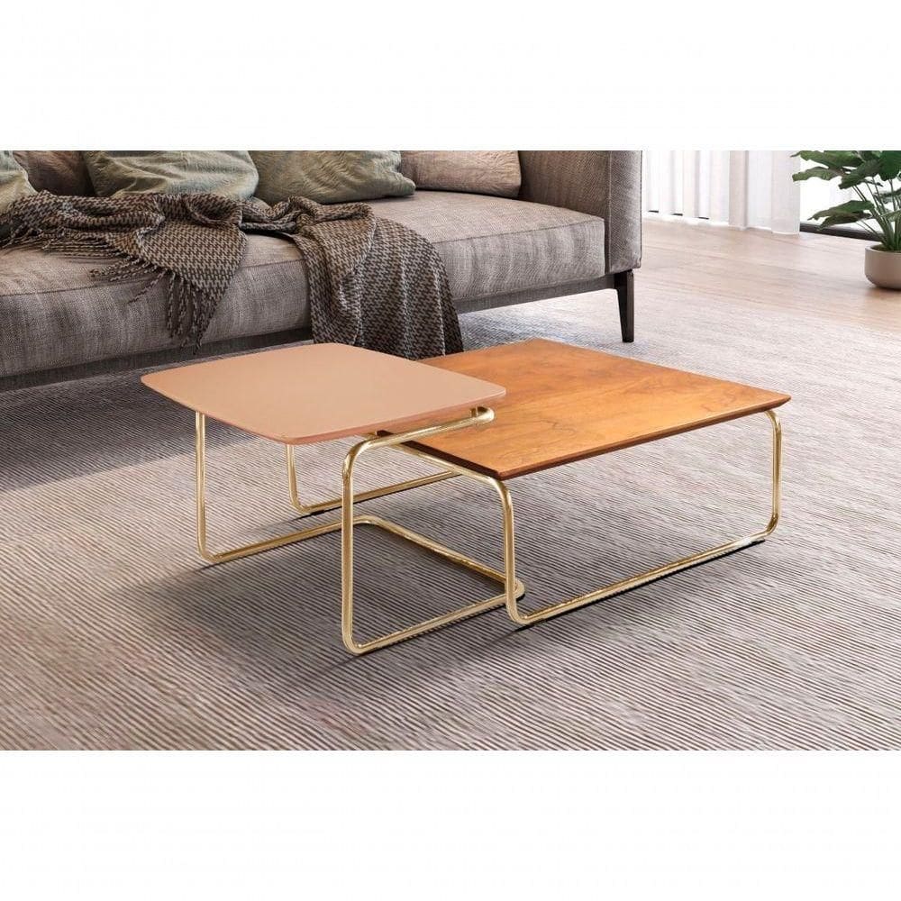 Conjunto Mesa De Centro Kairos Base Ouro Larflex Cor:coral
